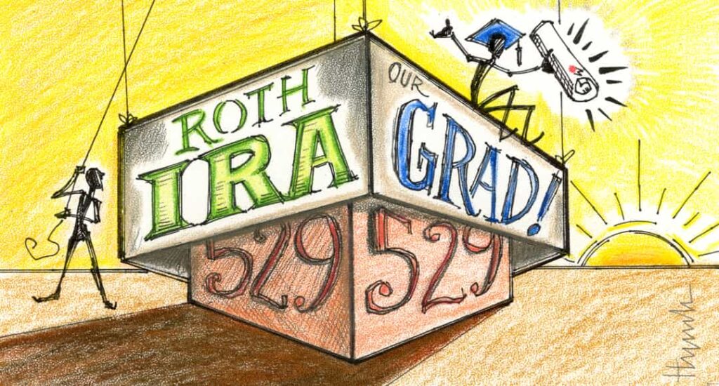 Illustrated figures exploring what to do with unused 529 funds.