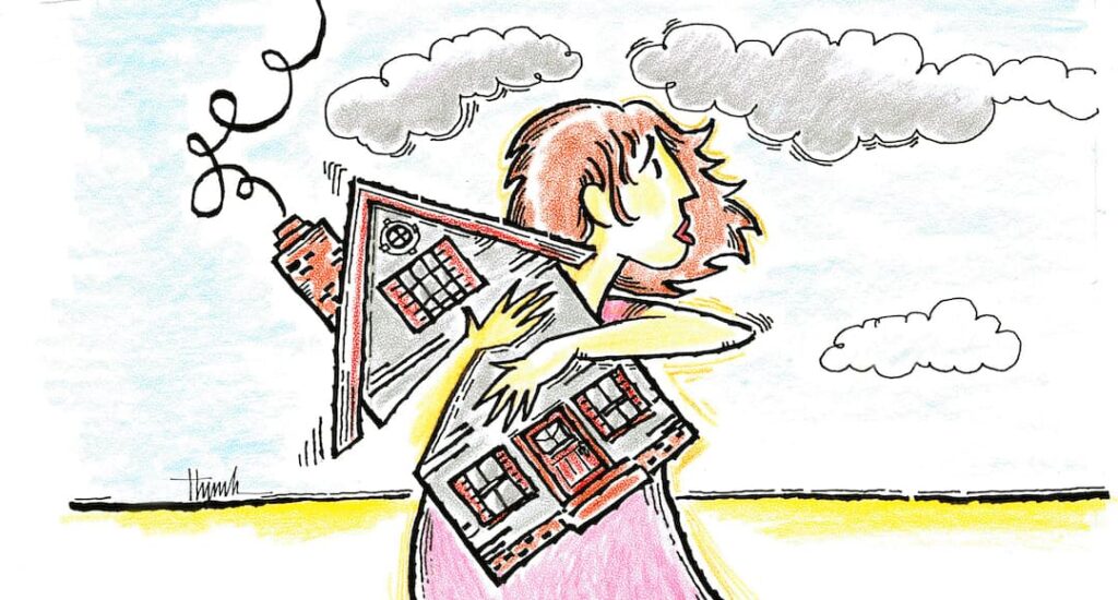 Illustration of frantic looking woman clutching a house to her chest to represent blog titled "What is Bag Lady Syndrome."