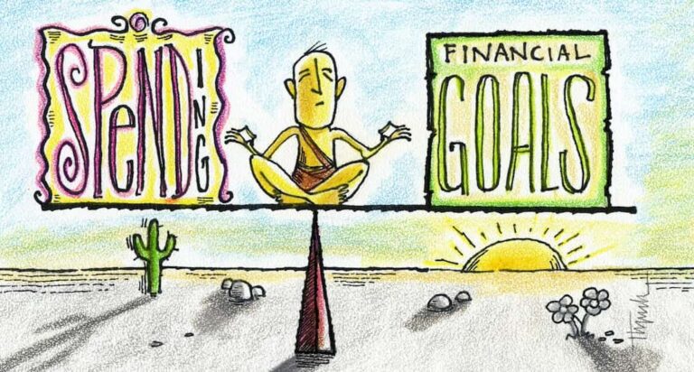 Drawing of a person balancing spending with financial goals to illustrate a blog post about charitable giving strategies.