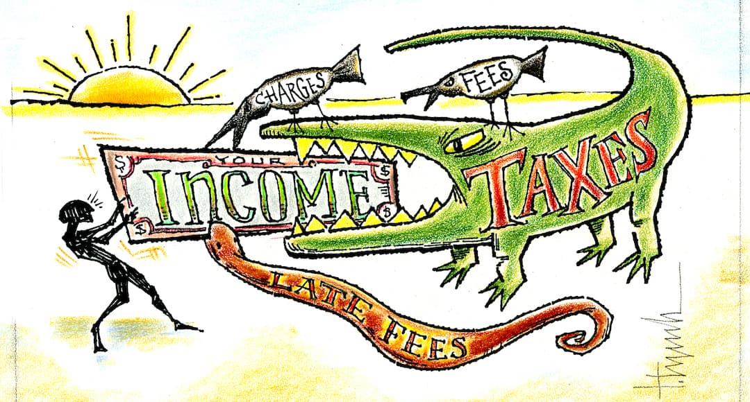 Person wrestling with an alligator and other vermin for income, to illustrate common tax mistakes.