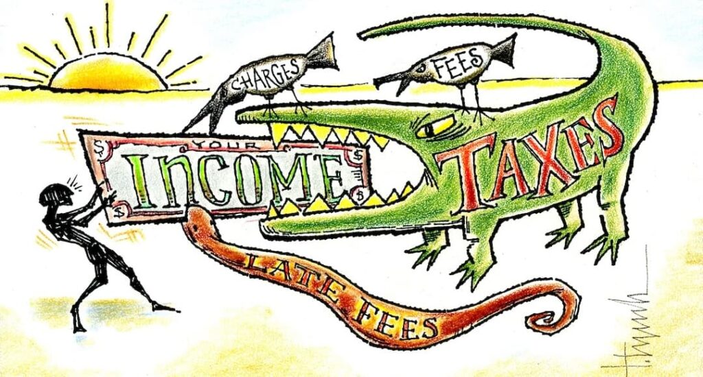 Person wrestling with an alligator and other vermin for income, to illustrate common tax mistakes.