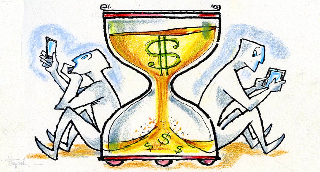 Illustration of an hourglass with a dollar sign in it, and two people leaning against it to illustrate a blog post titled "How Does a Backdoor Roth Work?"