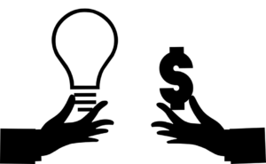 Illustration of one hand holding a lightbulb, and another hand holding a dollar symbol, to illustrate financial insights.