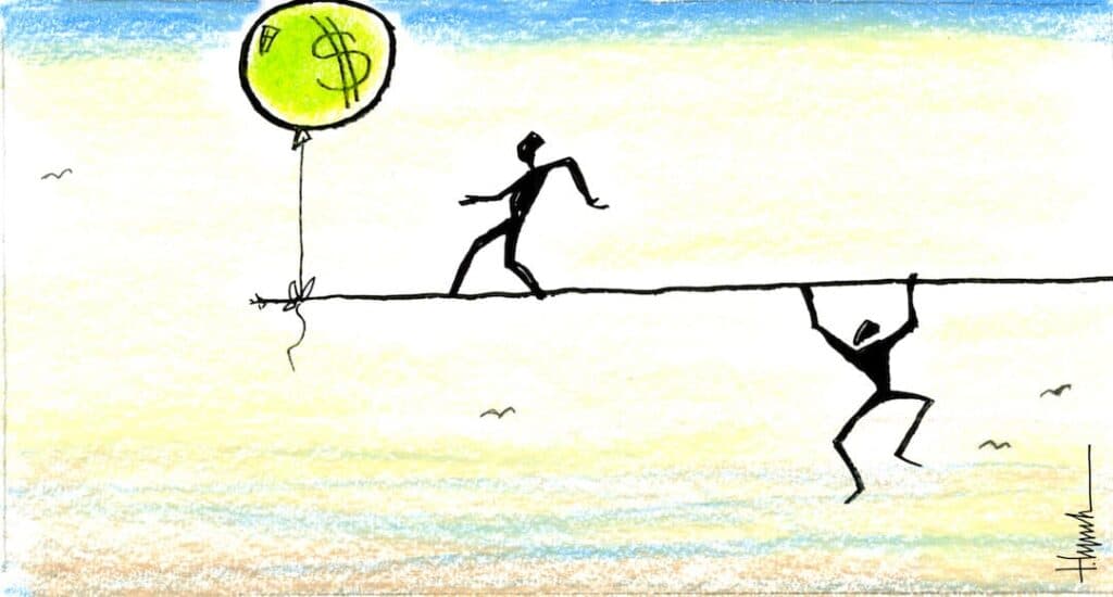 Figures scaling a line that has a ballon full of money at the end to illustrate "How to Invest in Happiness and Your Future."