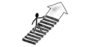 Illustration of a person walking up stairs to illustrate investing, not gambling.