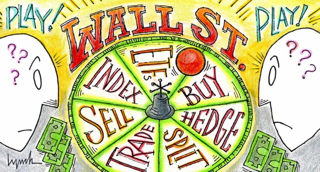Illustration of a roulette wheel with investment terms on it to illustrate an article discussing healthy stock market investing and the importance of investing vs. gambling.