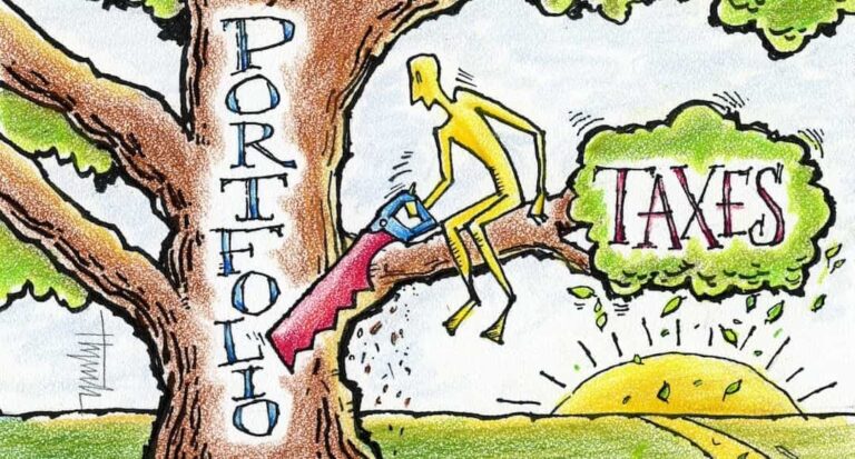 Illustration of a person sitting in a tree branch with "taxes" written on it, and cutting it off the tree, which has the word "portfolio" on it. To illustrate a blog post about using your tax return to determine if you financial advisor is costing you a fortune.