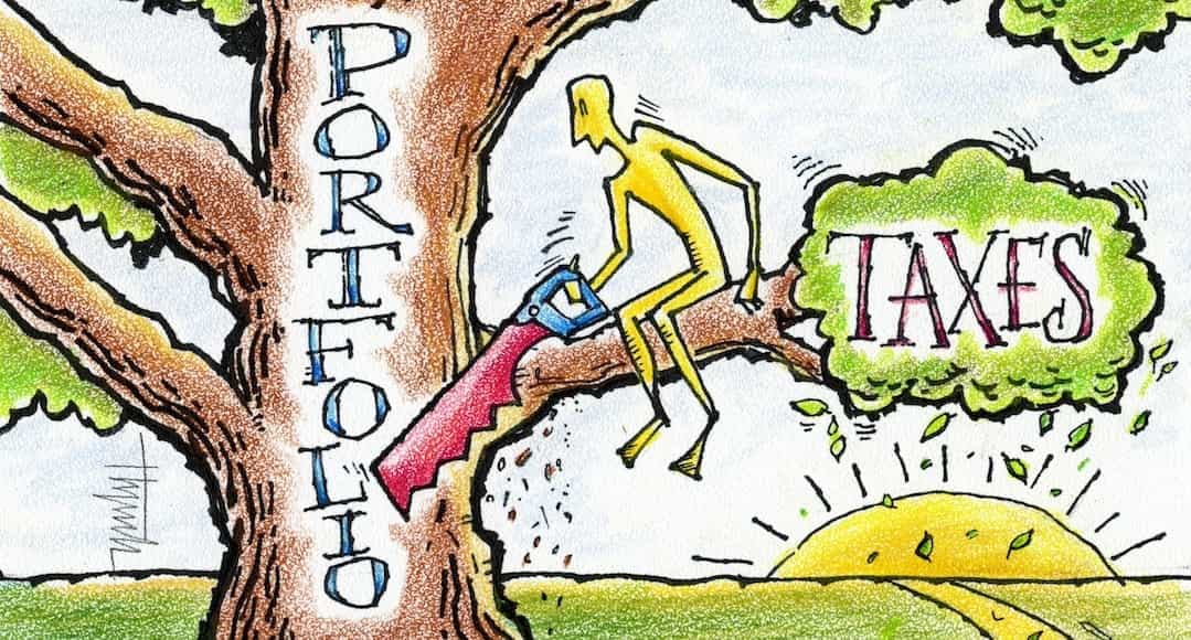 Illustration of a person sitting in a tree branch with "taxes" written on it, and cutting it off the tree, which has the word "portfolio" on it. To illustrate a blog post about using your tax return to determine if you financial advisor is costing you a fortune.