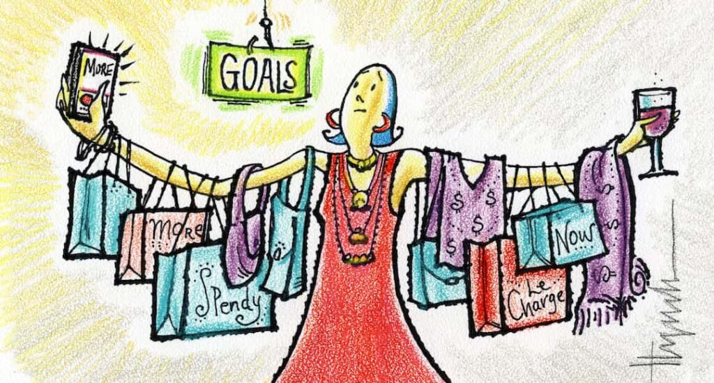 Woman with an armload of material goods, looking at a dangling "goals" sign to illustrate "lifestyle creep" topic.