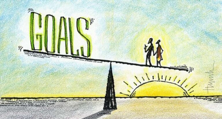Illustration of a couple walking on a balance beam toward the word "goals" to illustrate a blog post on new year reminders to secure your financial future.