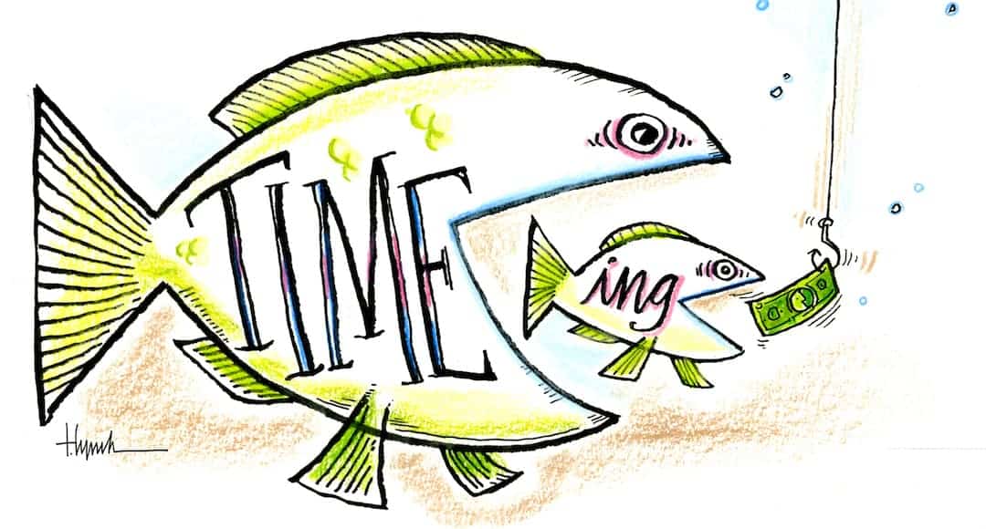 Big fish with "time" on it, eating little fish with "ing" on it, eating money to illustrate "time in the market beats timing the market" topic.