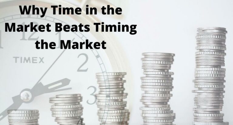 Image of growing piles of coins with a clock in the background to illustrate why time in the market beats timing the market.